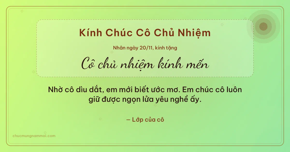 Thiệp ngày 20/11: Nắng mai tặng cô chủ nhiệm. Nhờ cô dìu dắt, em mới biết ước mơ… (Bản ngang)