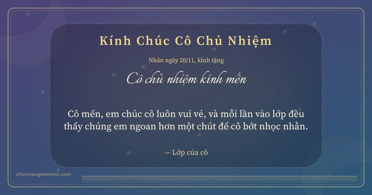 Thiệp ngày 20/11 cho cô chủ nhiệm: Sao băng và sọc mảnh trên nền xanh tím. Cô mến, em chúc cô luôn vui vẻ… (Bản ngang)