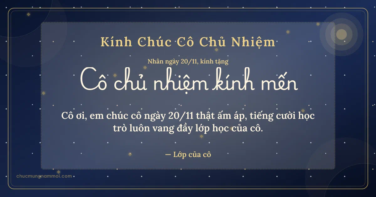 Thiệp cho cô chủ nhiệm: Kim tuyến và nắng mai ngày 20/11. Cô ơi, em chúc cô ngày 20/11 thật ấm áp… (Bản ngang)