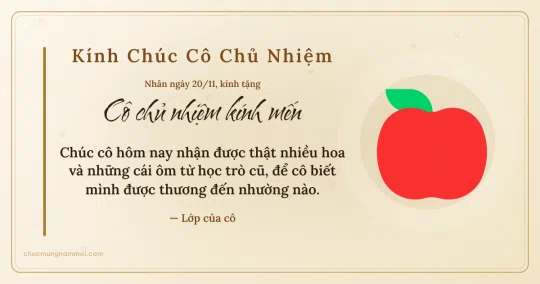 Thiệp ngày 20/11 cho cô chủ nhiệm: Quả táo đỏ trên nền ngà kem