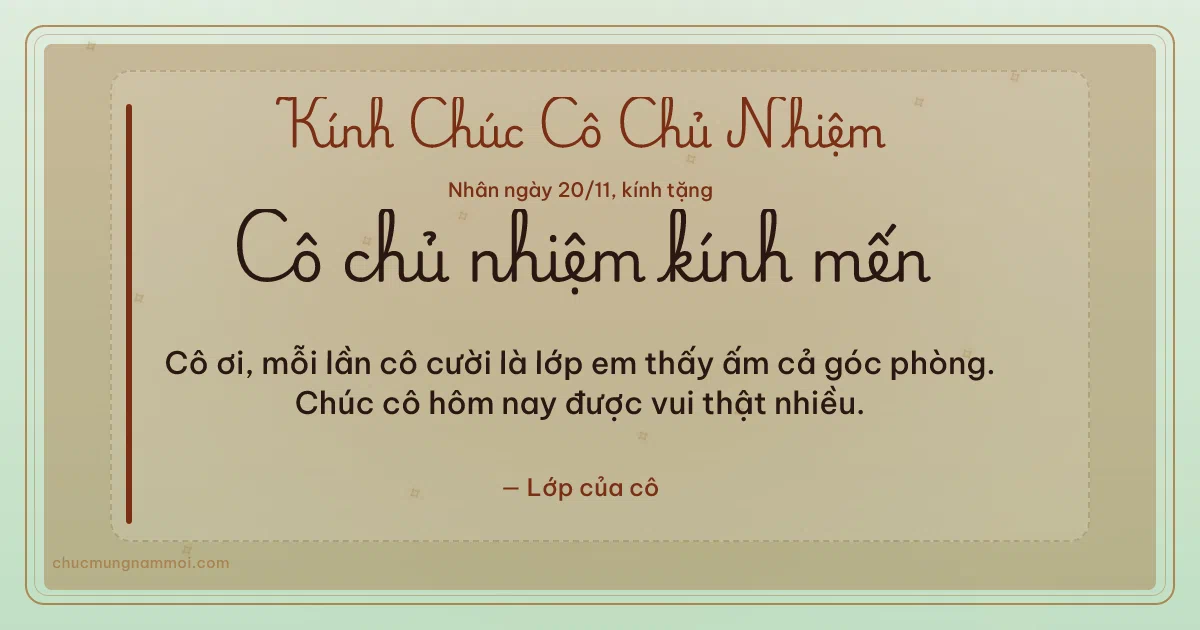 Thiệp ngày 20/11 cho cô chủ nhiệm: Sao băng trang nhã trên nền xanh trà. Cô ơi, mỗi lần cô cười là lớp em thấy ấm cả góc phòng… (Bản ngang)