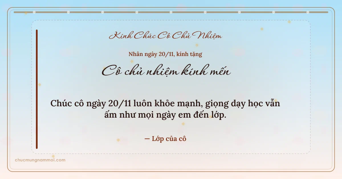 Thiệp ngày 20/11 cho cô chủ nhiệm: Bình minh ấm áp, kiểu 24. Chúc cô ngày 20/11 luôn khỏe mạnh… (Bản ngang)