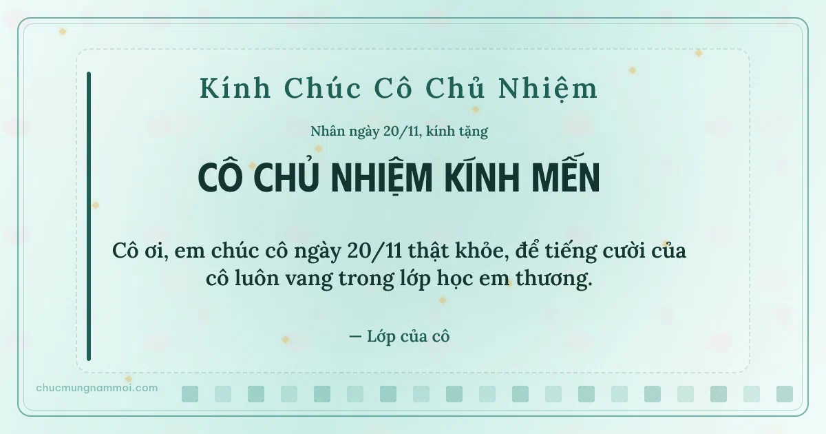 Thiệp ngày 20/11 cho cô chủ nhiệm: Kim tuyến vàng và ô vuông nhỏ trên nền xanh ngọc nước. Cô ơi, em chúc cô ngày 20/11 thật khỏe… (Bản ngang)