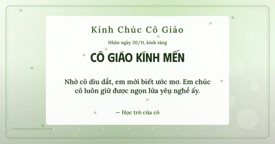 Thiệp ngày 20/11 cho cô giáo: Kim tuyến tươi mới trên nền xanh lá nước