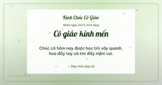 Thiệp ngày 20/11 cho cô giáo: Xanh lá nước ấm áp, kiểu 6