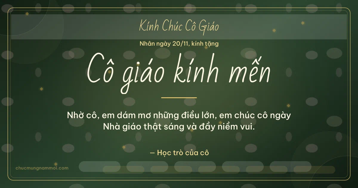 Thiệp cho cô giáo: Sóng nước ngày 20/11 trên nền xanh rêu đậm. Nhờ cô, em dám mơ những điều lớn… (Bản ngang)