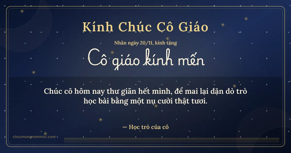 Thiệp cho cô giáo: Kim tuyến và sọc mảnh ngày 20/11. Chúc cô hôm nay thư giãn hết mình… (Bản ngang)