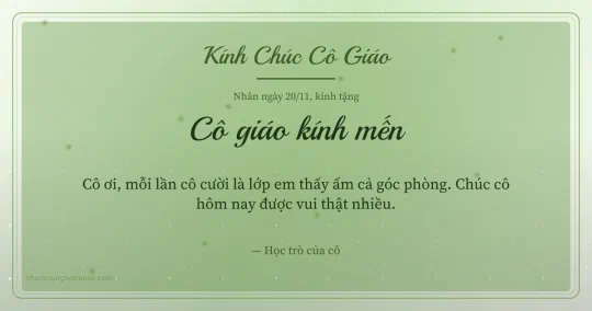 Thiệp ngày 20/11 cho cô giáo: Kim tuyến ấm áp trên nền xanh lá nước