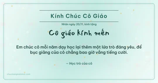 Thiệp ngày 20/11: Xanh ngọc nước rạng rỡ tặng cô giáo