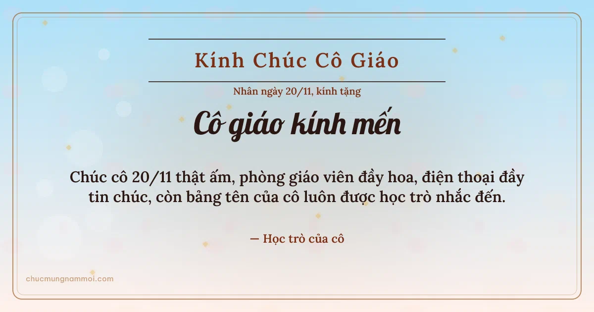 Thiệp ngày 20/11 cho cô giáo: Bình minh rạng rỡ, kiểu 18. Chúc cô 20/11 thật ấm, phòng giáo viên đầy hoa… (Bản ngang)