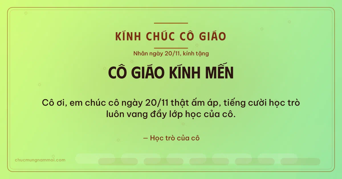 Thiệp ngày 20/11: Sóng nước tặng cô giáo. Cô ơi, em chúc cô ngày 20/11 thật ấm áp… (Bản ngang)