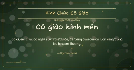 Thiệp ngày 20/11 cho cô giáo: Kim tuyến vàng và bong bóng trên nền xanh rêu đậm
