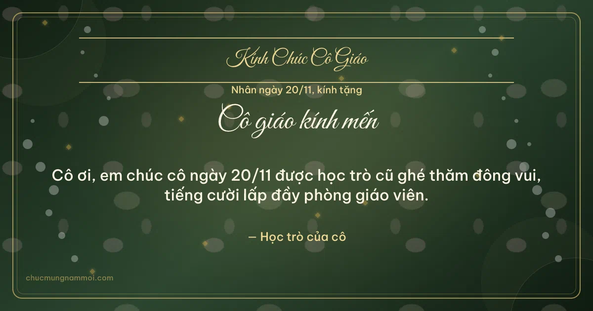 Thiệp cho cô giáo: Mưa chấm ngày 20/11 trên nền xanh rêu đậm. Cô ơi, em chúc cô ngày 20/11 được học trò cũ ghé thăm đông… (Bản ngang)