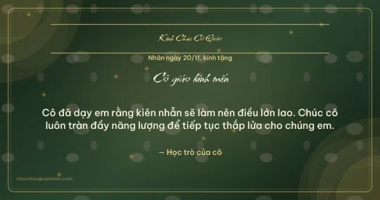 Thiệp ngày 20/11 cho cô giáo: Vòng đồng tâm và kim tuyến vàng trên nền xanh rêu đậm