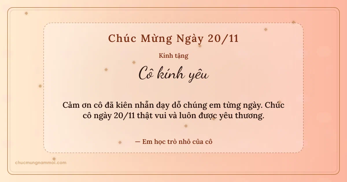 Thiệp ngày 20/11 cho cô giáo: Hoa hồng tặng cô. Cảm ơn cô đã kiên nhẫn dạy dỗ chúng em từng ngày… (Bản ngang)