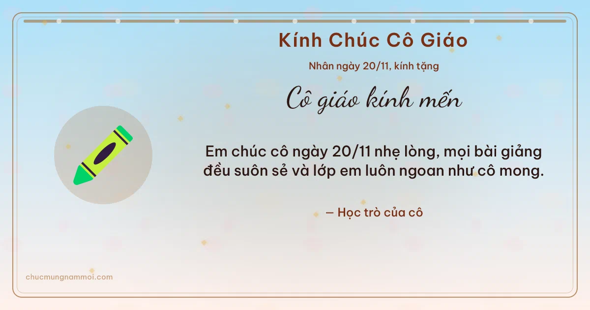 Thiệp ngày 20/11 cho cô giáo: Bút sáp màu trên nền bình minh. Em chúc cô ngày 20/11 nhẹ lòng, mọi bài giảng đều suôn sẻ… (Bản ngang)