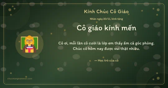 Thiệp ngày 20/11: Cô giáo trên nền xanh rêu đậm