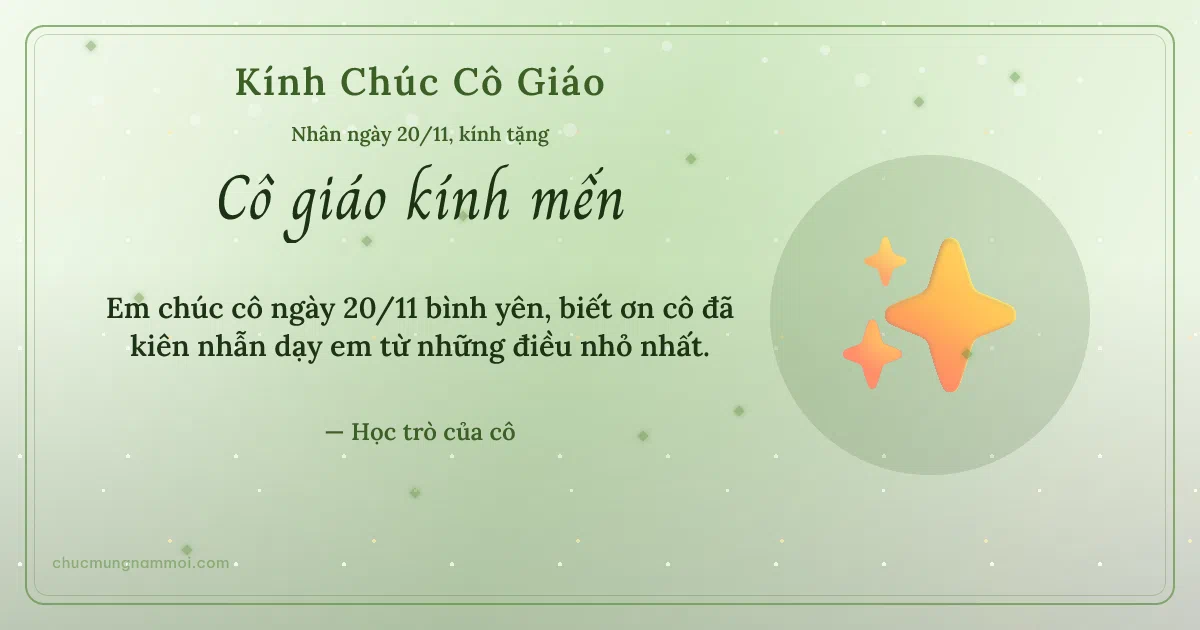 Thiệp ngày 20/11 cho cô giáo: Lấp lánh trên nền xanh lá nước. Em chúc cô ngày 20/11 bình yên… (Bản ngang)