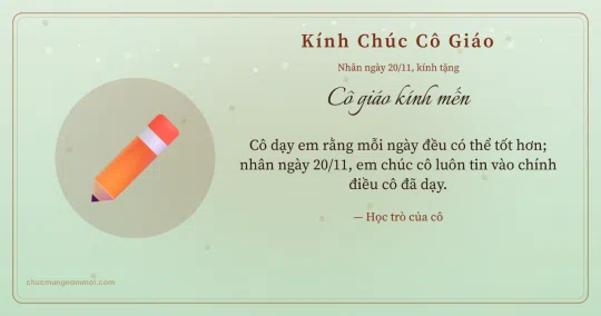 Thiệp cho cô giáo: Bút chì ngày 20/11 trên nền xanh trà