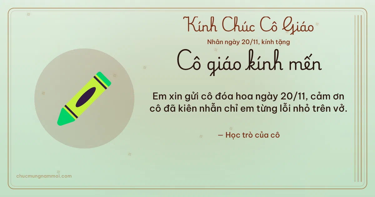 Thiệp ngày 20/11 cho cô giáo: Bút sáp màu trên nền xanh trà. Em xin gửi cô đóa hoa ngày 20/11… (Bản ngang)