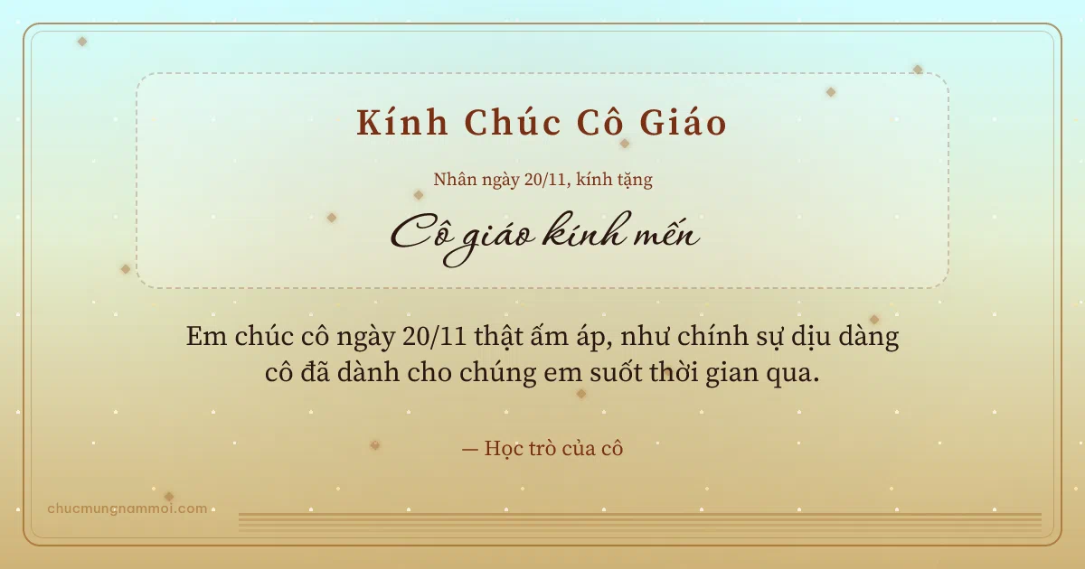 Thiệp ngày 20/11 cho cô giáo: Kim tuyến và sọc mảnh trên nền vàng nhạt. Em chúc cô ngày 20/11 thật ấm áp… (Bản ngang)