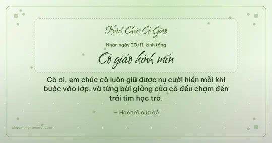Thiệp ngày 20/11 cho cô giáo: Kim tuyến và chấm nhỏ trên nền xanh lá nước