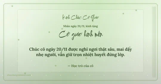 Thiệp ngày 20/11: Xanh lá nước rạng rỡ tặng cô giáo