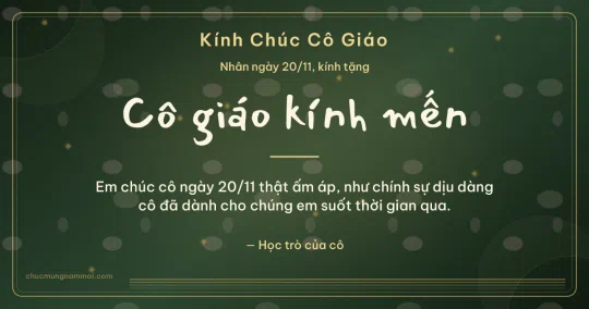 Thiệp ngày 20/11 cho cô giáo: Kim tuyến vàng trên nền xanh rêu đậm