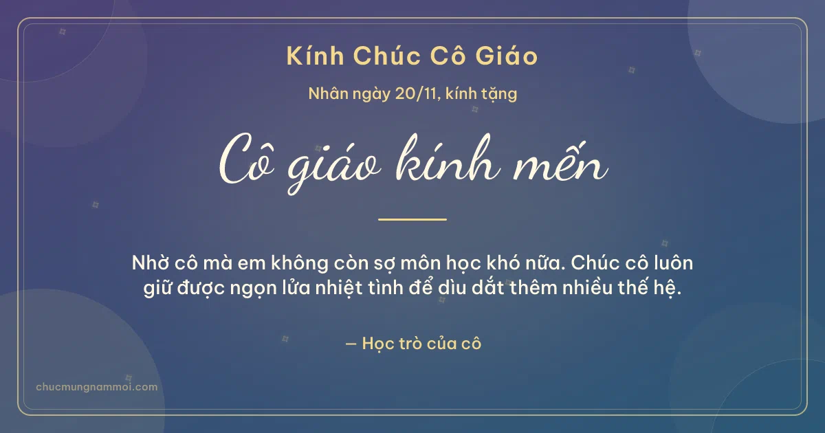 Thiệp ngày 20/11: Vòng tròn lớn tặng cô giáo. Nhờ cô mà em không còn sợ môn học khó nữa… (Bản ngang)