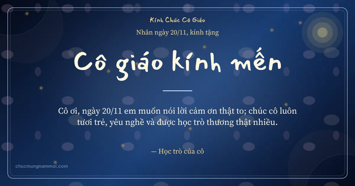 Thiệp ngày 20/11 cho cô giáo: Nắng mai và kim tuyến vàng trên nền xanh biển sâu. Cô ơi, ngày 20/11 em muốn nói lời cảm ơn thật to… (Bản ngang)