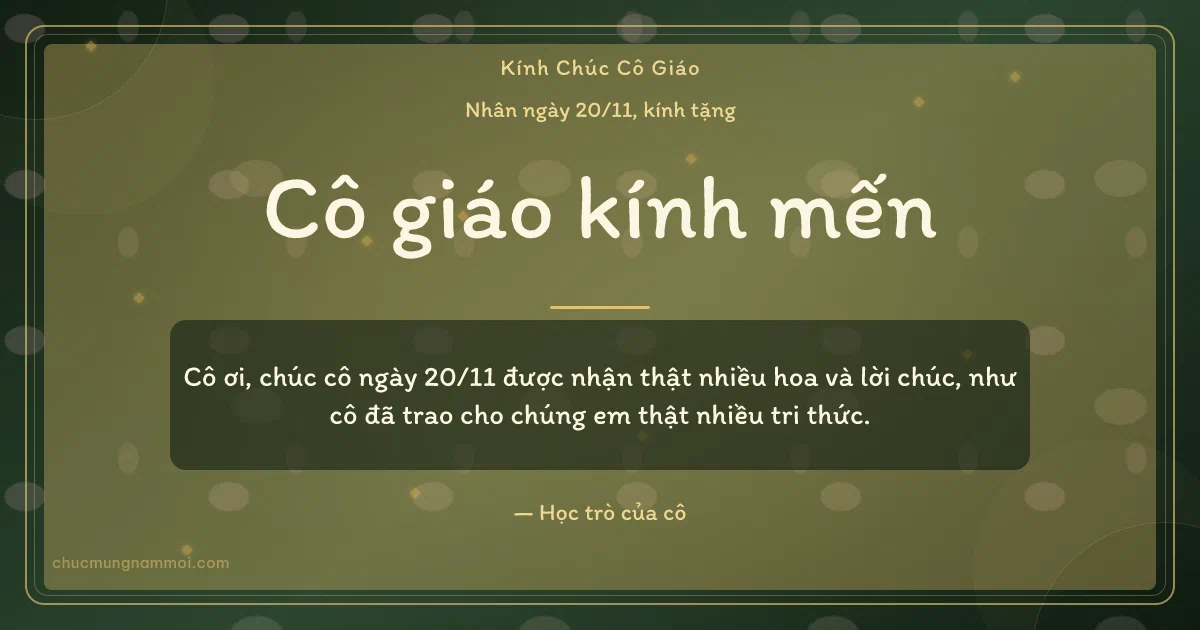 Thiệp ngày 20/11 cho cô giáo: Cánh hoa trên nền xanh rêu đậm. Cô ơi, chúc cô ngày 20/11 được nhận thật nhiều hoa… (Bản ngang)