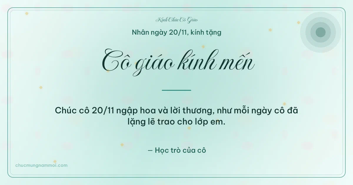 Thiệp cho cô giáo: Nắng mai ngày 20/11 trên nền xanh ngọc nước. Chúc cô 20/11 ngập hoa và lời thương… (Bản ngang)