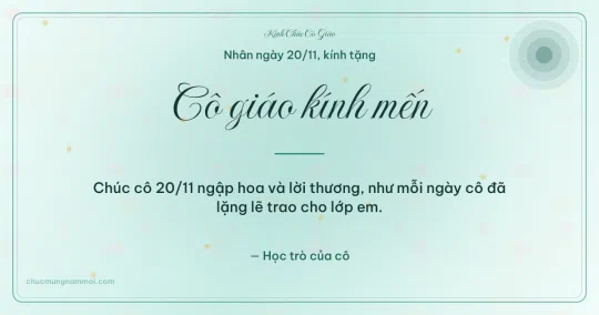 Thiệp cho cô giáo: Nắng mai ngày 20/11 trên nền xanh ngọc nước