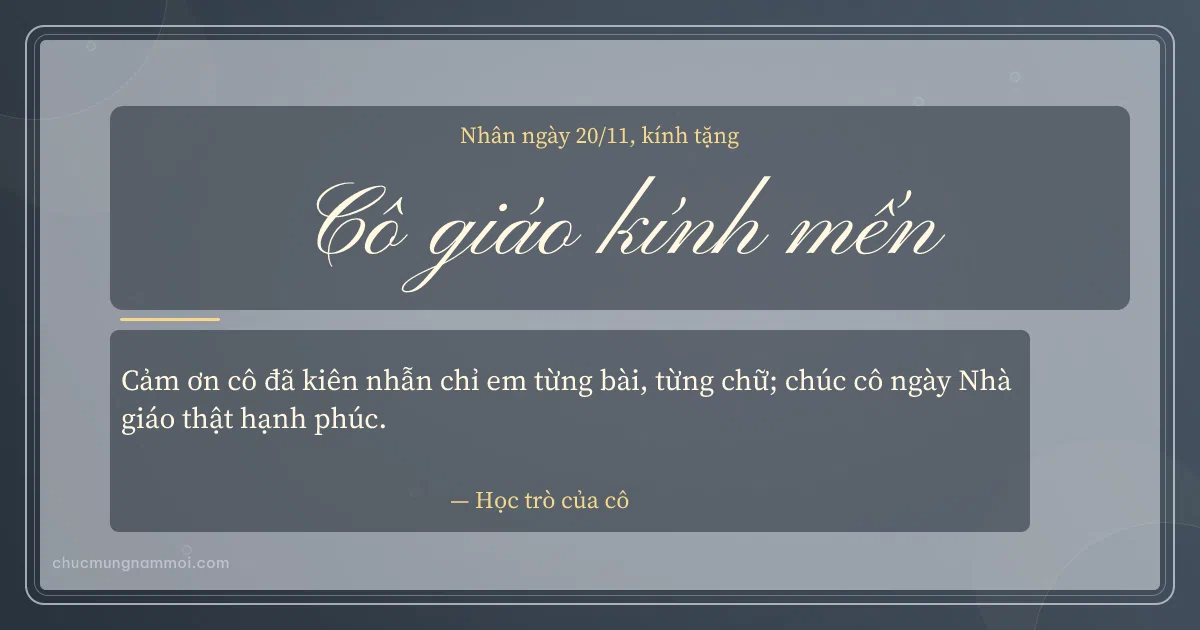 Thiệp ngày 20/11 cho cô giáo: Bong bóng trên nền xanh đá. Cảm ơn cô đã kiên nhẫn chỉ em từng bài, từng chữ… (Bản ngang)