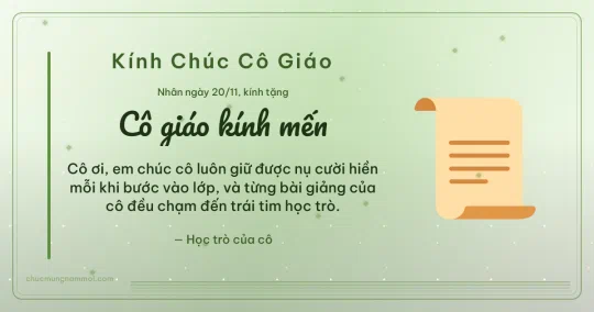 Thiệp ngày 20/11 cho cô giáo: Cuộn thư trên nền xanh lá nước