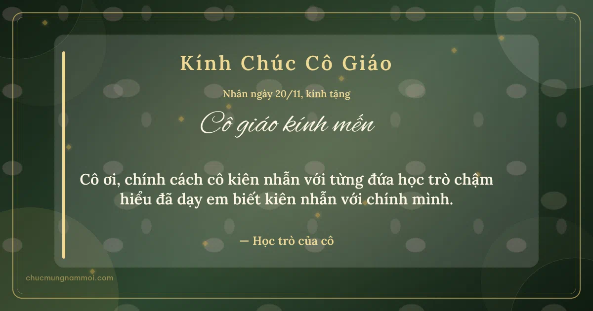 Thiệp cho cô giáo: Vòng tròn lớn ngày 20/11, kiểu 5. Cô ơi, chính cách cô kiên nhẫn với từng đứa học trò chậm… (Bản ngang)