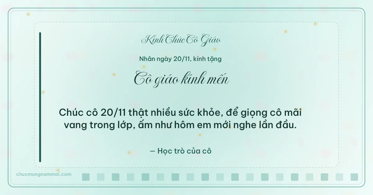 Thiệp cho cô giáo: Ô vuông nhỏ ngày 20/11, kiểu 3. Chúc cô 20/11 thật nhiều sức khỏe… (Bản ngang)