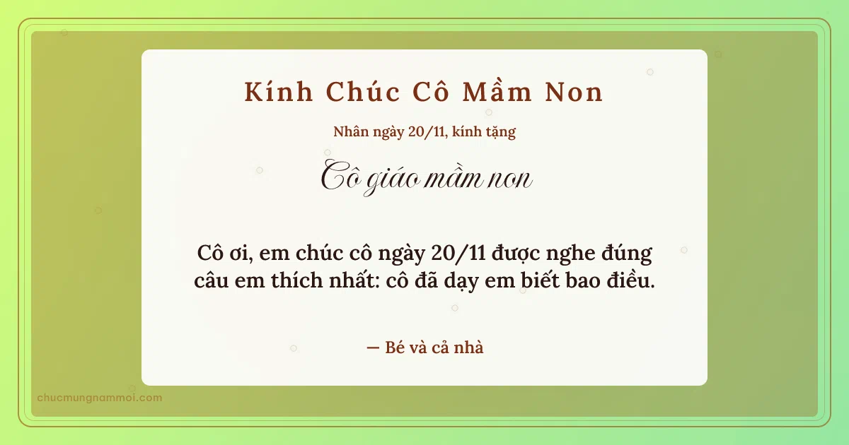 Thiệp ngày 20/11 cho cô giáo mầm non: Lúa non trang nhã, kiểu 10. Cô ơi, em chúc cô ngày 20/11 được nghe đúng câu em thích… (Bản ngang)