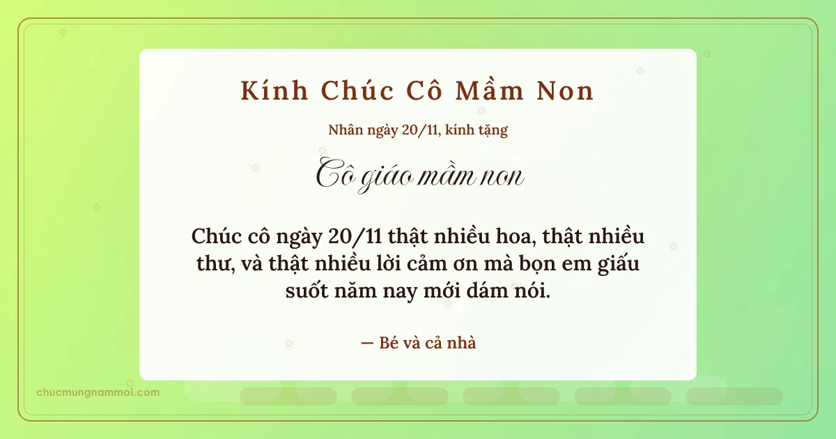 Thiệp ngày 20/11 cho cô giáo mầm non: Lúa non trang nhã, kiểu 4. Chúc cô ngày 20/11 thật nhiều hoa, thật nhiều thư… (Bản ngang)