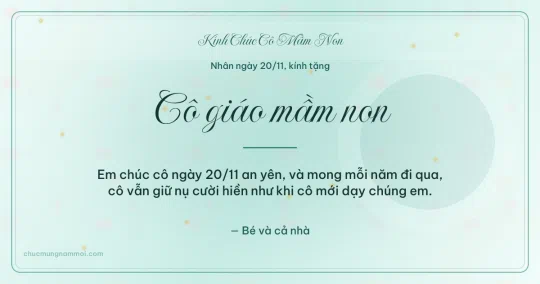 Thiệp ngày 20/11 cho cô giáo mầm non: Xanh ngọc nước trang nhã, kiểu 10
