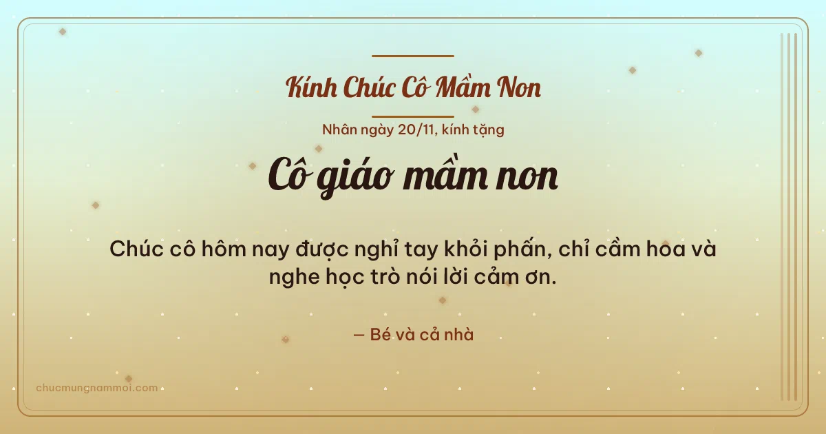 Thiệp ngày 20/11 cho cô giáo mầm non: Mai vàng ấm áp, kiểu 8. Chúc cô hôm nay được nghỉ tay khỏi phấn, chỉ cầm hoa… (Bản ngang)