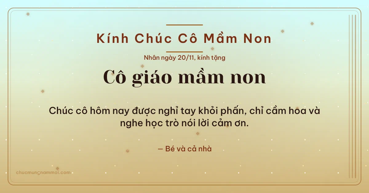 Thiệp ngày 20/11 cho cô giáo mầm non: Mai vàng ấm áp, kiểu 17. Chúc cô hôm nay được nghỉ tay khỏi phấn, chỉ cầm hoa… (Bản ngang)