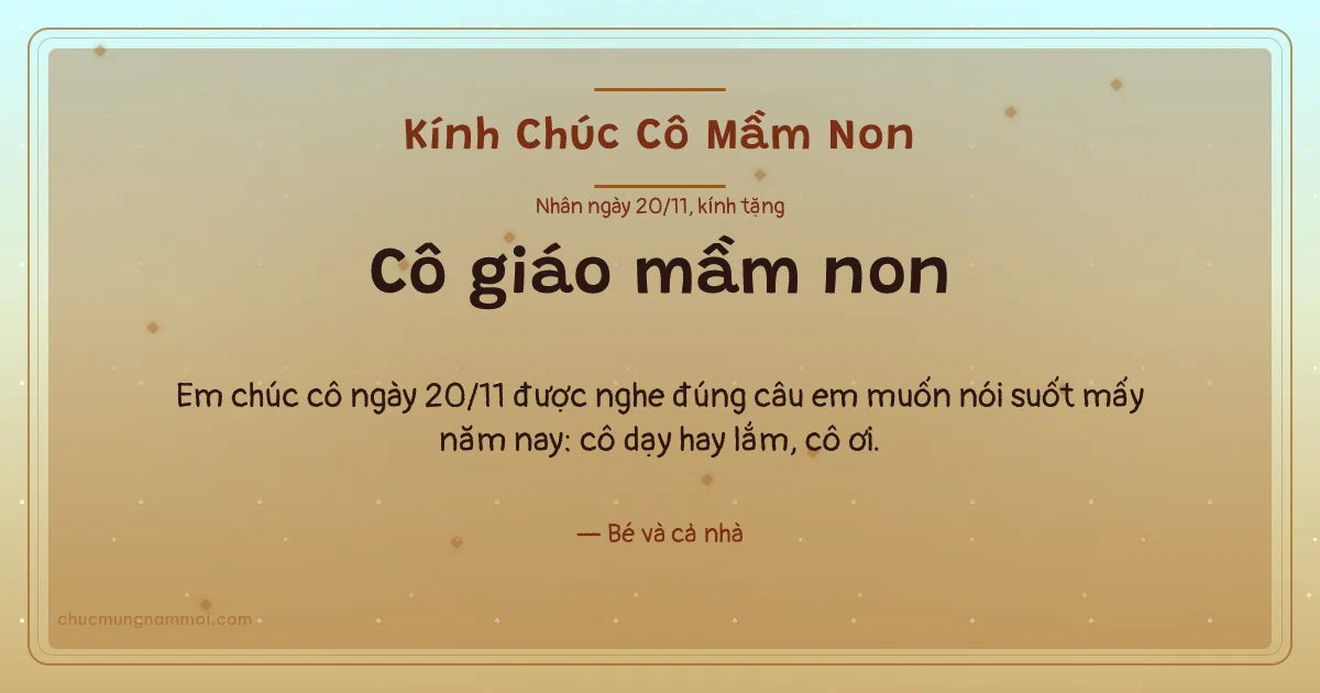 Thiệp ngày 20/11 cho cô giáo mầm non: Mai vàng ấm áp, kiểu 6. Em chúc cô ngày 20/11 được nghe đúng câu em muốn nói suốt… (Bản ngang)