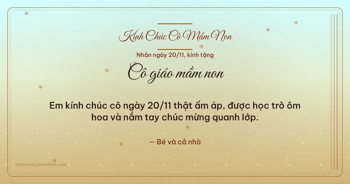 Thiệp ngày 20/11: Kim tuyến tươi mới tặng cô giáo mầm non. Em kính chúc cô ngày 20/11 thật ấm áp, được học trò ôm hoa… (Bản ngang)