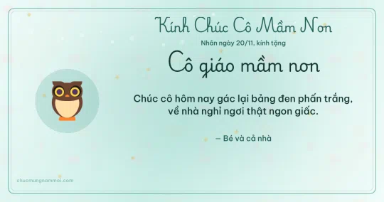 Thiệp ngày 20/11 cho cô giáo mầm non: Cú mèo và kim tuyến vàng