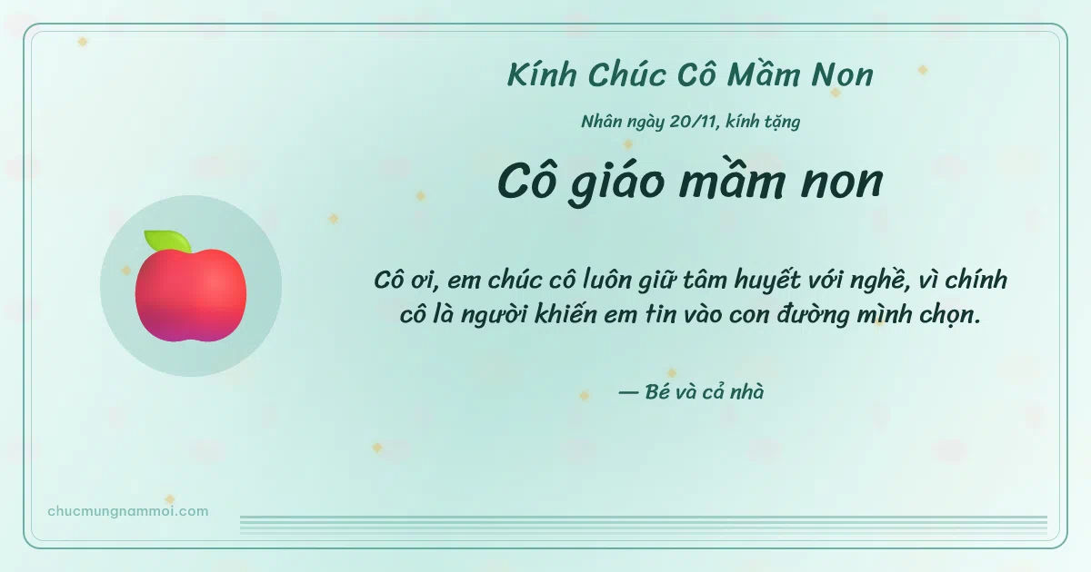 Thiệp ngày 20/11 cho cô giáo mầm non: Quả táo đỏ trên nền xanh ngọc nước. Cô ơi, em chúc cô luôn giữ tâm huyết với nghề… (Bản ngang)