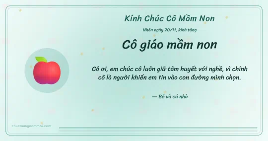 Thiệp ngày 20/11 cho cô giáo mầm non: Quả táo đỏ trên nền xanh ngọc nước
