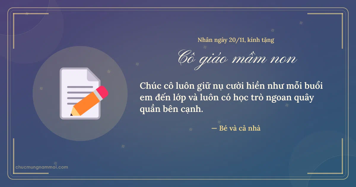 Thiệp ngày 20/11 cho cô giáo mầm non: Giấy ghi chú trên nền xanh tím. Chúc cô luôn giữ nụ cười hiền như mỗi buổi em đến lớp… (Bản ngang)