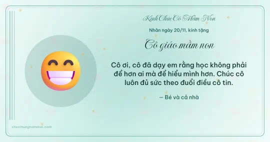 Thiệp ngày 20/11 cho cô giáo mầm non: Cười toe trên nền xanh ngọc nước