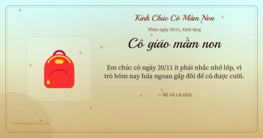 Thiệp ngày 20/11 cho cô giáo mầm non: Cặp sách trên nền vàng nhạt
